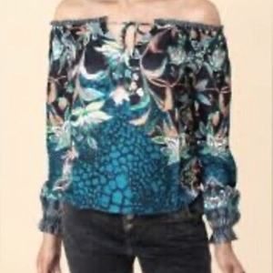 Hale Bob‎ Silk Blend Off The Shoulder Floral Top Tassel Tie Long Sleeve Size L